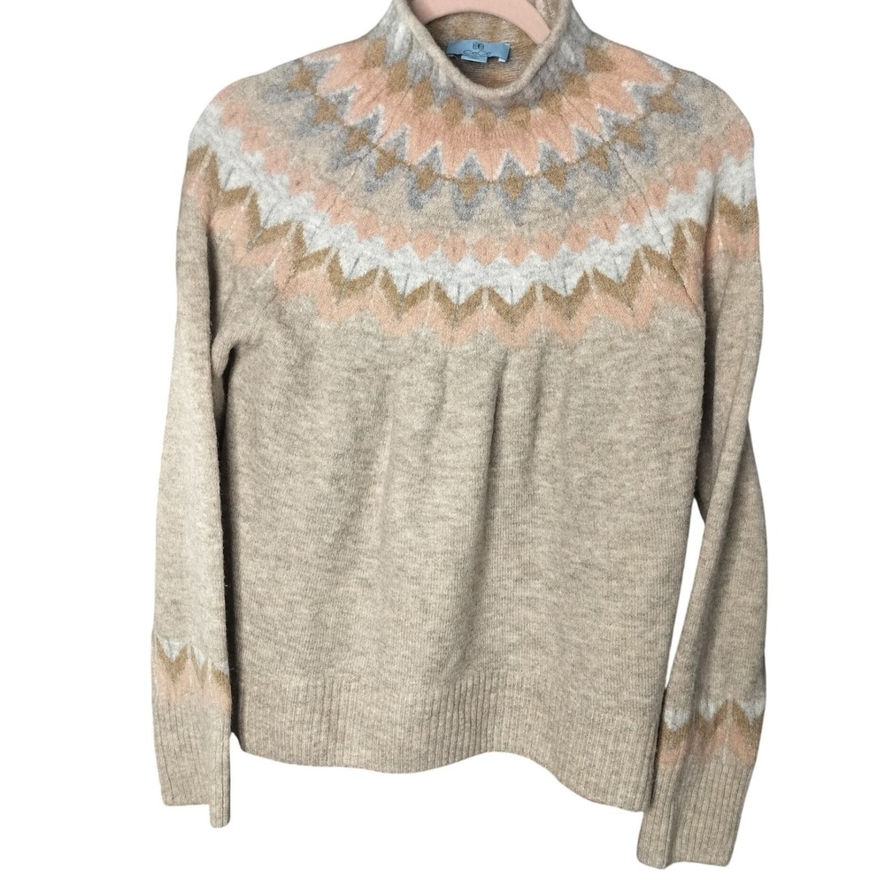 CeCe Women's M Fair Isle Pattern Tan Pink Grey Mock Neck Long Sleeve Sweater